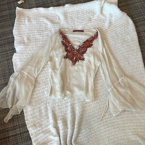 Sheer beaded bell sleeve top